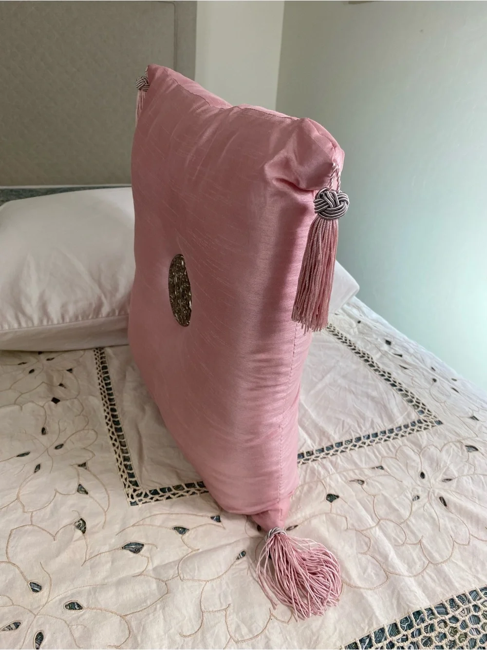 Vintage Pink Silk Accent Pillow w/ silver medallion and tassels 60s 70s